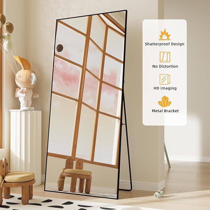 FANYUSHOW Full Length Mirror, Standing Hanging or Leaning Body Mirror, Simple Rectangle Design, Aluminum Alloy Thin Frame, Floor Mirror for Bedrooms, Bathrooms, Living Room 63"x19" (Black)