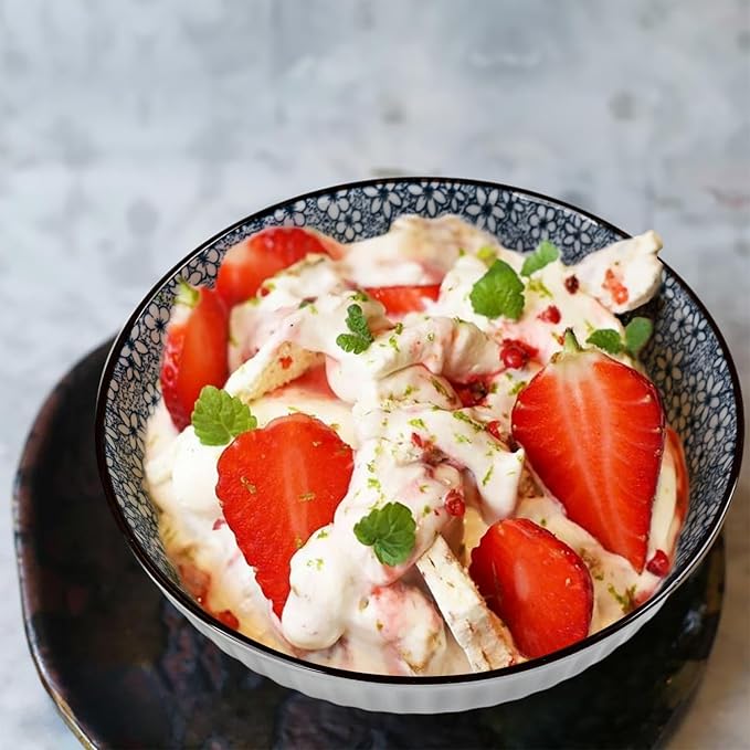 QINLANG 6 Inch Blue and White Porcelain 30 oz Bowls Set of 6 for Soup, Cereal, desserts, ice cream and Rice - Floral Pattern