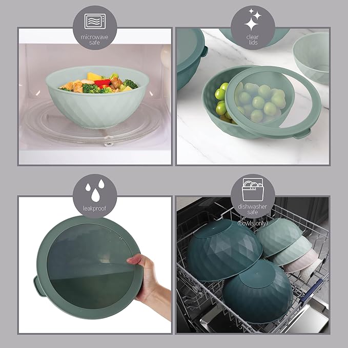 COOK WITH COLOR Mixing Bowls with Lids - 12 Piece Plastic Nesting Bowls Set includes 6 Prep Bowls and 6 Lids, Diamond Design - Microwave Safe (Mint)