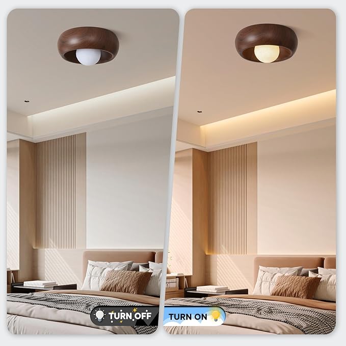 11.8 Inch Flush Mount Ceiling Light with 3D Printing Materials Moon Shade, Brown Imitation Wood Grain Modern Ceiling Light for Bedroom, Living Room, Hallway,Porch