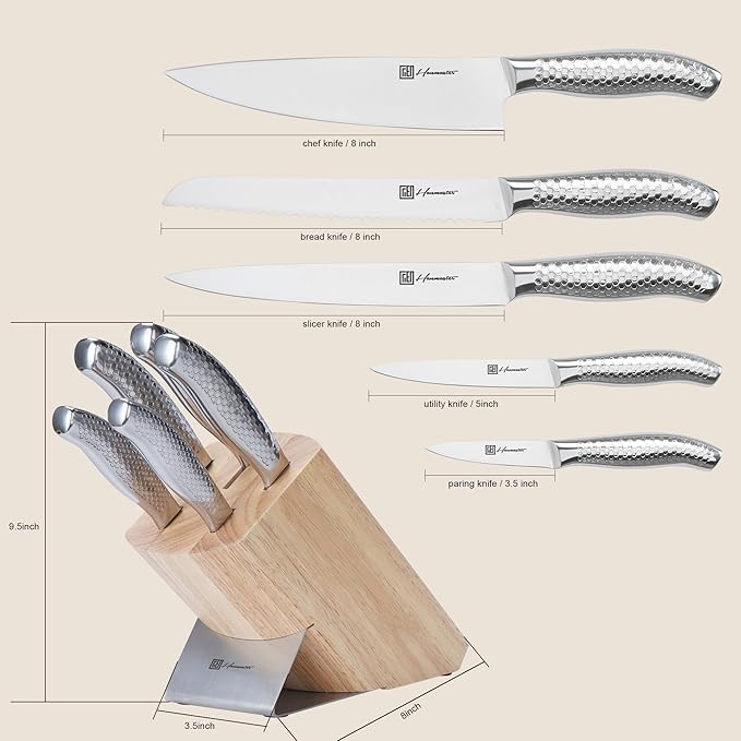 Kitchen Knife Set, One-piece Stainless Steel Knife Sets for Kitchen with Block, 6 Pieces Solid Natural Wood Knife Block Set, Box Packed, Silver.