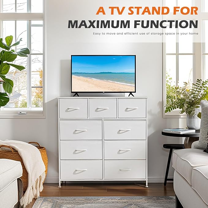 Sweetcrispy Dresser with 9 Drawers for Bedroom, Fabric Dresser Storage Tower, Chest of Drawers Organizer Unit, Storage Cabinet for Hallway, Closets, Steel Frame, Wood Top