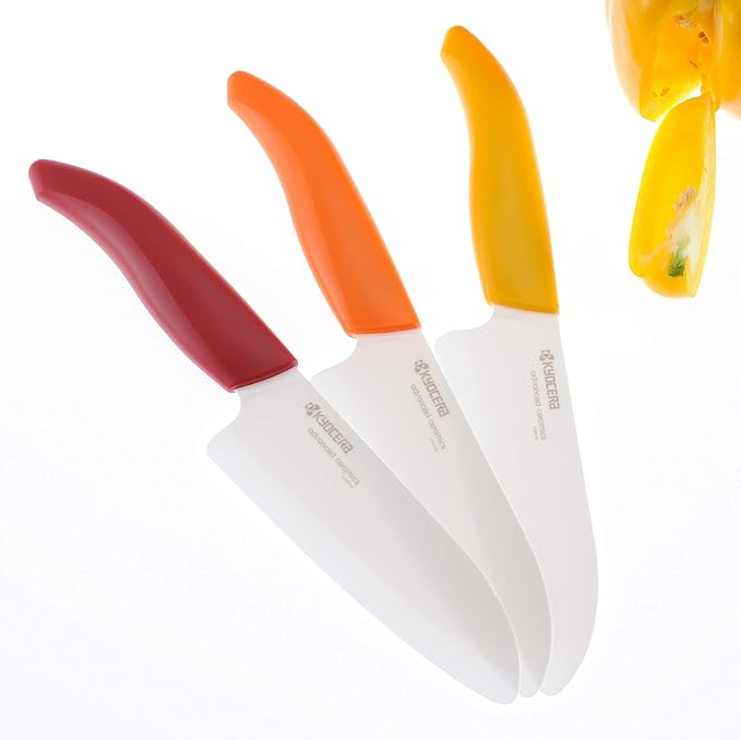 Kyocera’s Revolution Series 5.5” Ceramic Santoku Knife, Chef Knife For Your Cooking Needs, Yellow Handle, White Blade