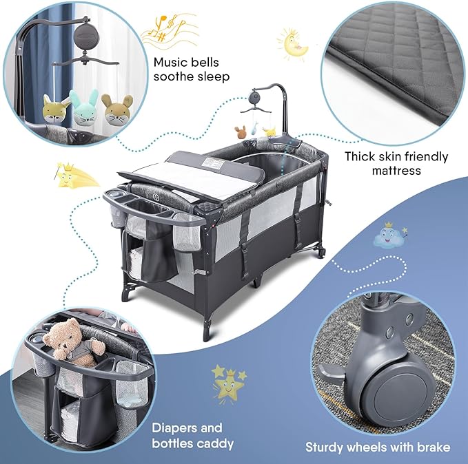 BabyBond Baby Bassinet Bedside Crib, Pack and Play with Sheet, Diaper Changing Table and Music Mobile from Newborn to Toddles, Portable Large Playard