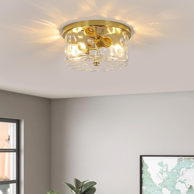LamQee 9.8" Small Flush Mount Ceiling Light with Clear Hammered Glass, Brushed Gold Hallway Light Fixtures Ceiling Mount for Bathroom, 2-Lights Farmhouse Close to Ceiling Light Kitchen Foyer Bedroom