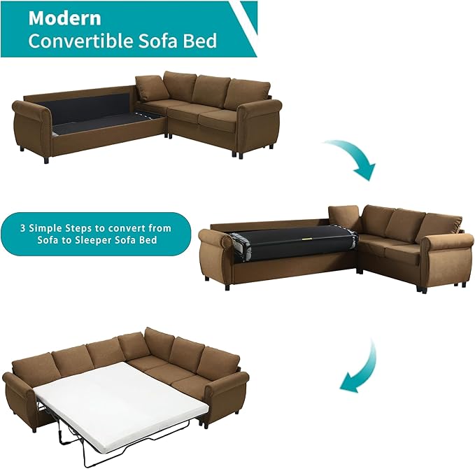 Ball & Cast 104" Sleeper Sofa Bed, L Shaped 6 Seater Sectional Sofa Couch with Pull Out Bed, 2 in 1 Pull Out Couch for Living Room, Office, Apartment,Brown
