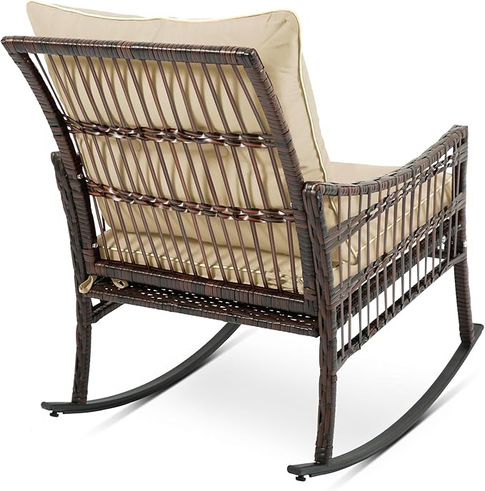 3 Pieces Patio Furniture Set, Outdoor Rocking Chairs Set of 2, Wicker Cushioned Patio Rocker with Side Table for Porch, Garden, Poolside & Deck, Beige