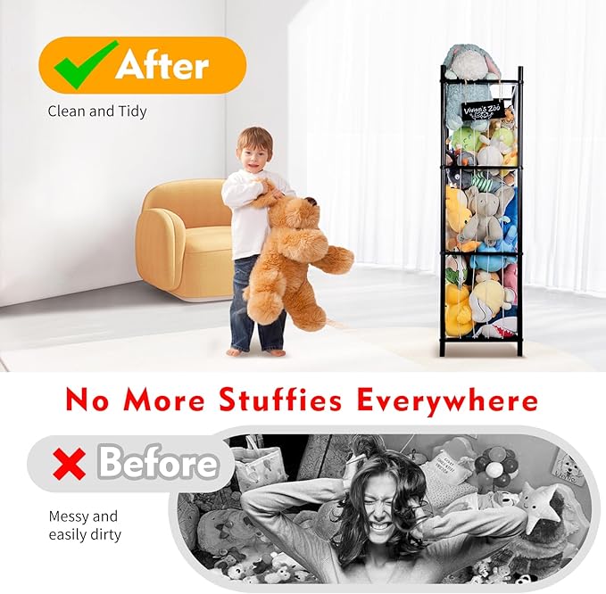 Large Stuffed Animal Storage, Wooden Stuffed Animal Storage Zoo, Toy Holder, Space Saving Toy Zoo for Kidroom, Playroom, Kid’s Gift, Black