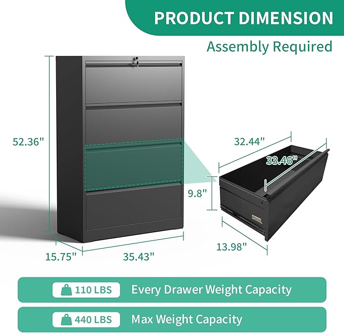 4 Drawer Lateral File Cabinets,Metal Lateral Filing Cabinet for Home Office,Wide Steel Storage Cabinet Commercial Drawer for Legal/Letter/A4 Size Files Assembly Required