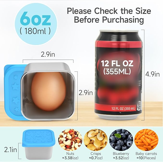SOPHICO Stainless Steel Snack Containers for Kids, 6 oz Leak Proof Small Food Storage Container with Silicone Lid, 304 Metal Toddler Lunch Box for Daycare, School and Travel (6 Pack)