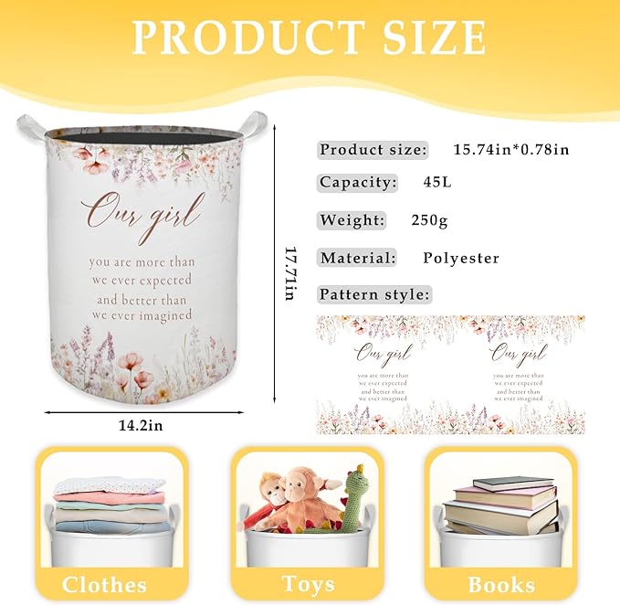 Baby Girl Laundry Basket, Boho Floral Wildflower Waterproof Collapsible Laundry Hamper Dirty Clothes Storage Toy Bin Organizer for Toddler Girls Room Nursery Bedroom Bathroom Kids Room