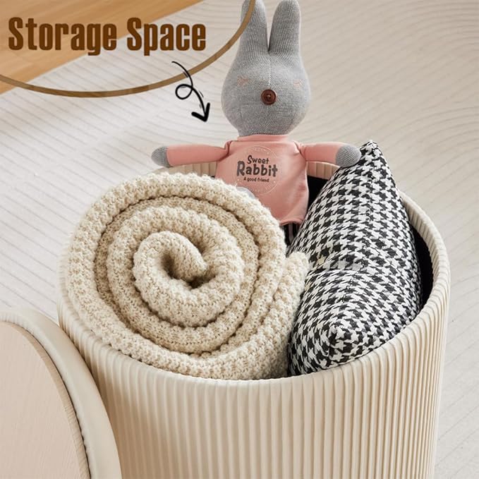 Round Ottoman with Storage Set of 2-Upholstered Sherpa Vanity Stool for Makeup Multifunctional Ottomans Coffee Table Padded Seat Foot Rest (Engineered Wood, Large White)