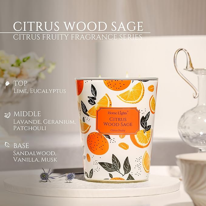 HomeLights Citrus Wood Sage Scented Candles | 34oz Soy Candles Eclectic Mixed Styles 3-Wick Large Candle Jars | Ideal Candle Gifts for Events, Home Decor Stress, Relief & Relaxation