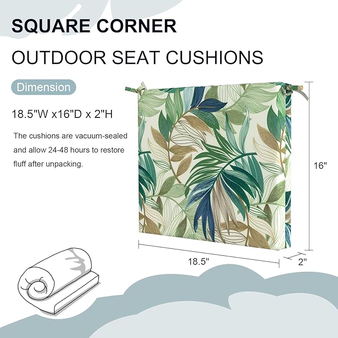Set of 4 Outdoor Square Chair Cushions 18.5"x16"x2" for Patio, Water Resistant Patio Dining Seat Pads Replacement for Kitchen Garden and Outdoor Furniture Decoration - Lush Leaf Green