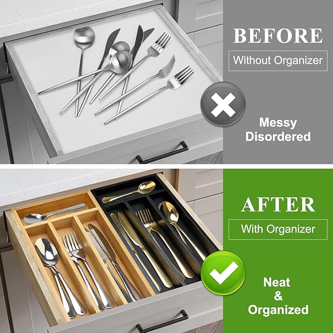 Ayiaren Small Wooden Silverware Organizer Tray Narrow Kitchen Drawer Dividers Utensil Organizers and Storage Black Cutlery Trays Spoon Flatware Organizer for Drawer Bamboo Cutlery Utensil Holder Tray