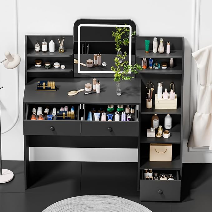Makeup Vanity Desk with LED Mirror & 5-Tier Sloped Shelves, 7 Open Storage Areas & 3 Drawers, Adjustable 3-Color Lighting Dressing Table