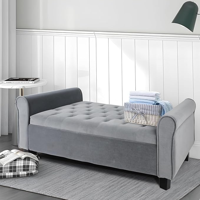Storage Ottoman Bench with Arms, Velvet End of Bed Bench for Bedroom, Button Tufted Storage Bench for Entryway, Living Room,Hallway, Large Storage Bench Foot Rest (Dark Grey)
