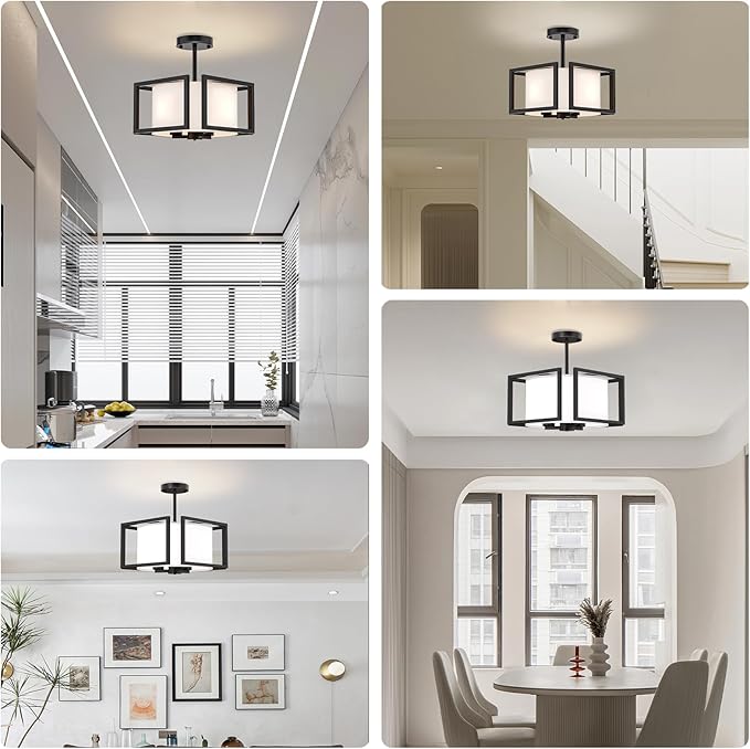 Modern Ceiling Light Fixture - Easric Semi Flush Mount Ceiling Light Industrial Light Fixtures Ceiling Mount with Fabric Shade Black Metal Frame Drum Ceiling Lights for Bedroom,Hallway,Kitchen