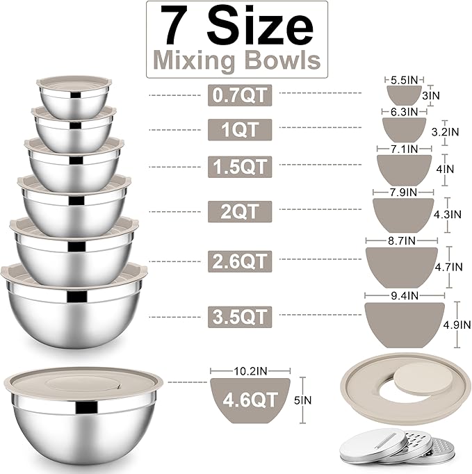 E-far Mixing Bowls with Lids Set, 7-Piece Stainless Steel Metal Mixing Bowls with Grater Attachments, Size 4.6, 3.5, 2.6, 2, 1.5, 1, 0.7QT, Nesting Design & Khaki Airtight Lids, For Cooking/Serving