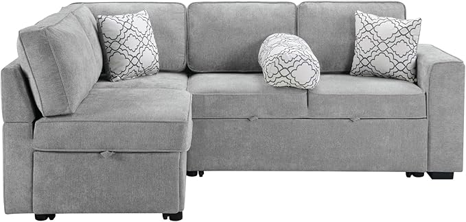 Ball & Cast Convertible Sleeper Sofa Bed,Chenille L Shaped Pull Out Couch Bed with Flip-Top Table,USB Ports & Hidden Cup Holders,Corner Sectional Sofa Couches for Living Room,Light Gray