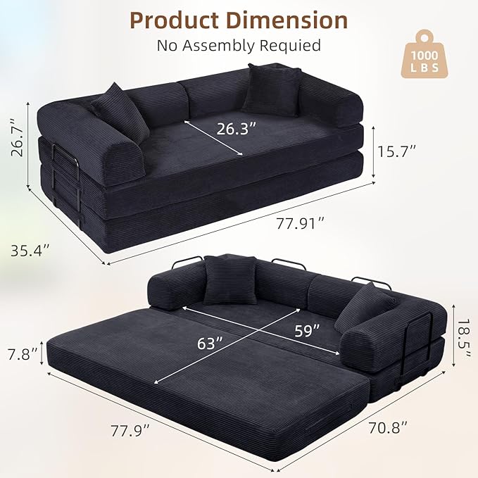 Rovibek 4-in-1 Convertible Sleeper Sofa Bed Queen Size, Foldable Floor Couch Corduroy, Folding Futon Sofa Beds with Pillow and Fixed-Shape Frame, Suitable for Living Room, Bedroom, Lounge, Black