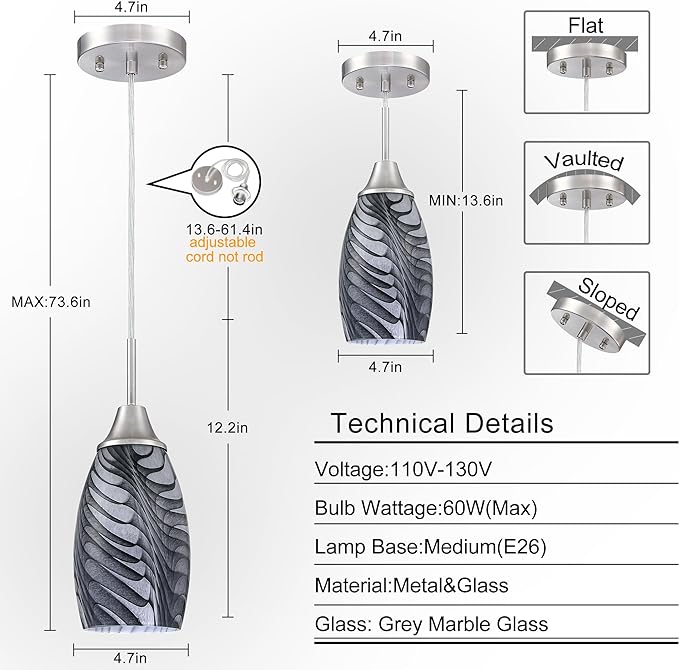 Mini Glass Pendant Light 4.72" with Handblown Black Gray Marble Art Glass Hanging Light 3-Pack Oval Ceiling Hanging Light Fixture for Dining Room Kitchen Island Cafe Foyer Hallway