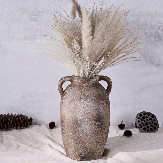 Rustic Farmhouse Ceramic Vase, 9.8" Tall Vintage Pottery Vases, Terracotta Decorative Boho Pampas Flower Vase, Suitable for Home Decor Living Room Entryway Table Bookshelf Mantle Shelf Decor