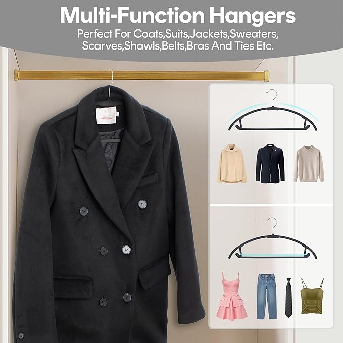 UNEED Hangers 32 Pack, Plastic Non-Slip Black Hangers, No Shoulder Bumps, Curved Design to Protect Clothes Shape (Black)