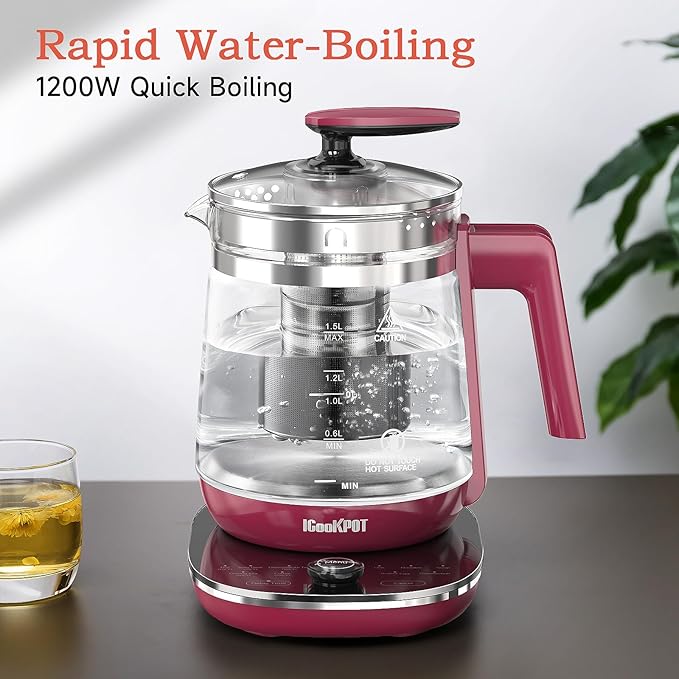 Hot Tea Maker Glass Electric Kettle with Tea Infuser and Temperature Control,1.5L Stainless Steel Tea Maker & 1200W Rapid Boiling,Programmable Control for your Favorite Teas and Coffee,Red