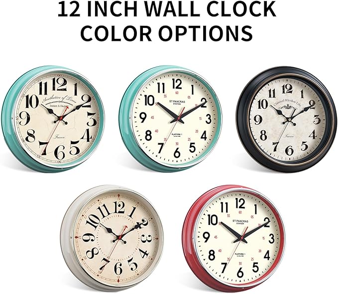 Wall Clock Metal 12.4" Countryside Style Wall Clocks Retro Vintage Classical Silent Non Ticking Easy to Read for Living Room/Kitchen/Bedroom/Office/Bar(12.4" Red)