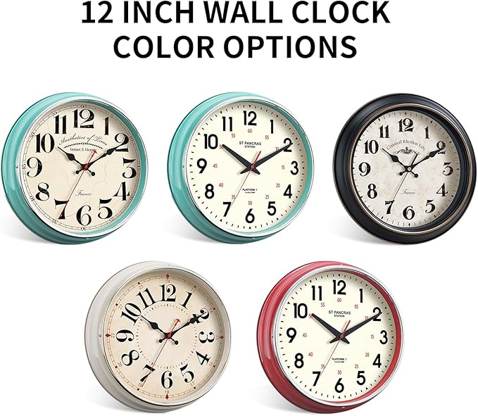 Wall Clock Metal 12.4" Vintage Retro Wall Clocks Countryside Style Silent Non Ticking Easy to Read for Living Room, Kitchen, Bedroom, Office, Bar(12.4" Teal)