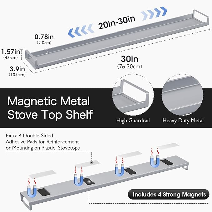 Bumusty 4X Strong Magnetic Rack for Stove Top, 30" Adjustable Oven Spice Rack, Seasoning Organizer Kitchen Shelves, Grey