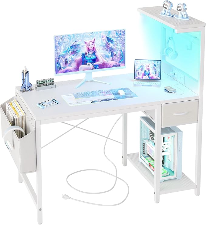 TIQLAB Gaming Desk 40 inch with Power Outlet and LED Light, Computer Desk with Reversible Shelves and Storage Drawer, Small PC Desk for Home Office Table with Bag, Carbon Fiber White