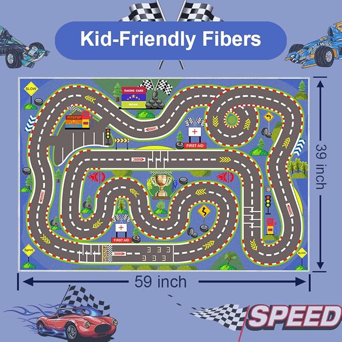 Kids Rug, Race Track Playmat Rugs 59×39 in Kids Carpet with Rubber Backing, Start and Finish line Racing Track Marking Car Road Race 3D Play Mat Nursery Rugs for Children Bedroom Playroom