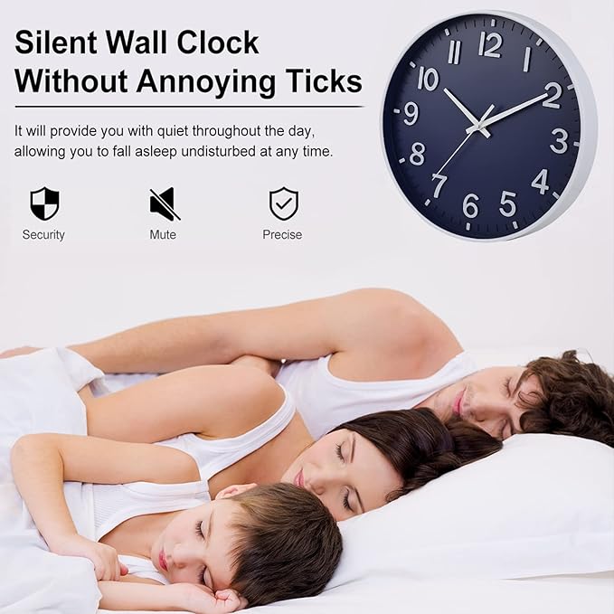 HZDHCLH Navy Blue Wall Clocks Battery Operated,12 inch Silent Non Ticking Modern Wall Clock for Living Room Bedroom Kitchen Office Classroom Decor