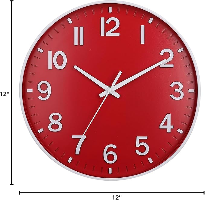 HZDHCLH Red Wall Clocks Battery Operated,12 inch Silent Non Ticking Modern Christmas Wall Clock for Living Room Bedroom Kitchen Office Classroom Decor