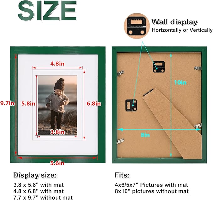 KINLINK 8x10 Picture Frame Green, Solid Wood Frames with Acrylic Plexiglass for Pictures 4x6/5x7 with Mat or 8x10 without Mat, Tabletop and Wall Display Photo Frame, Set of 4
