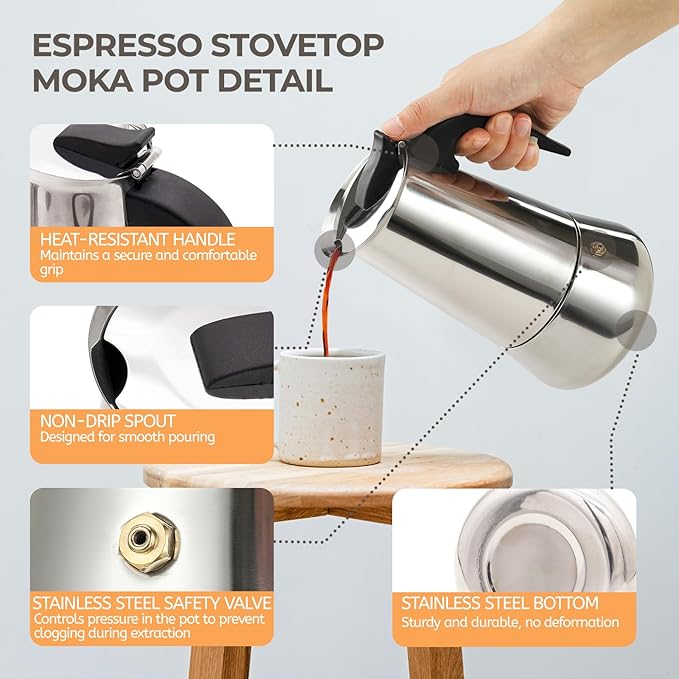 6 Cup 300ml Moka Pot Stainless Steel Espresso Coffee Maker Stovetop Percolator Coffeemaker Italian Classic Style Brewing Greca Cafe Mocha Machine for Cafeteras Lover Camping Travel and Home Use 10oz