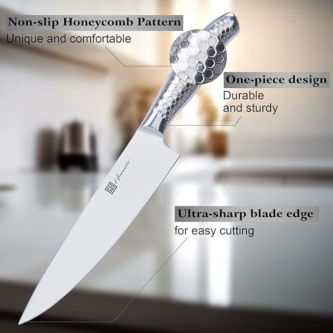 Kitchen Knife Set, One-piece Stainless Steel Knife Sets for Kitchen with Block, 6 Pieces Solid Natural Wood Knife Block Set, Box Packed, Silver.