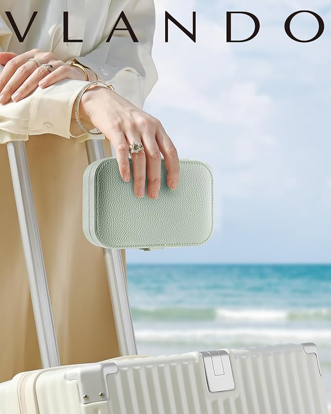 Vlando Travel Jewelry Case for Women Girls Mothers, PU Leather Portable Small Jewelry Box for Rings, Necklaces, Bracelets, Earring Holder Organizer Storage for Travel, Bridesmaid Gifts - Mint Green