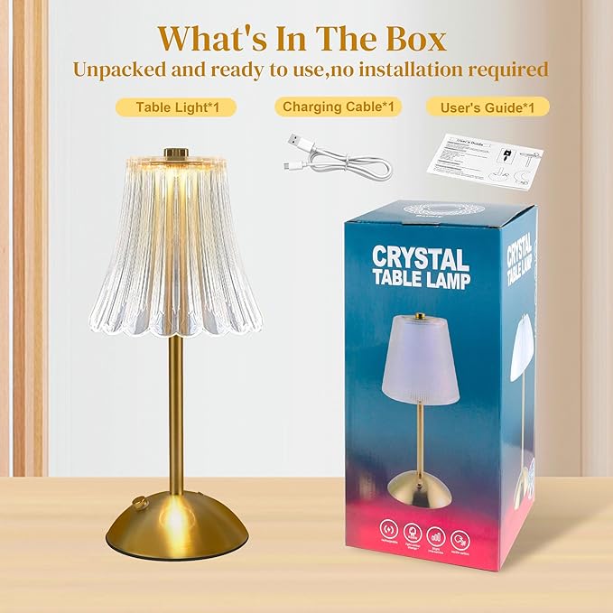 Cordless Table Lamps for Bedroom,Gold Cordless Battery Operated Table Lamp Rechargeable Decorative Bedside Dimmable Nightstand Lamp Small Touch Crystal Table Lamp,3 Color LED Lamp 2600mAh (Vintage)