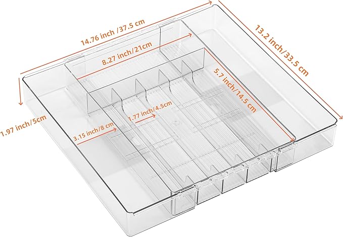 IEEK Silverware Drawer Organizer Tray for Kitchen,Expandable Utensil Tray Multipurpose Drawer Dividers Adjustable Cutlery and Flatware Holder,Plastic Spoon Forks Knives Holder Storage Divider,Clear-M