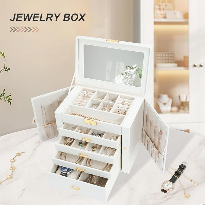Jewelry Holder Organizer, Large Jewelry Boxes for Women, 5 Layers 4 Drawers Jewelry Box with Handle Jewelry Organizer for Earrings Rings Necklaces Bracelets, White