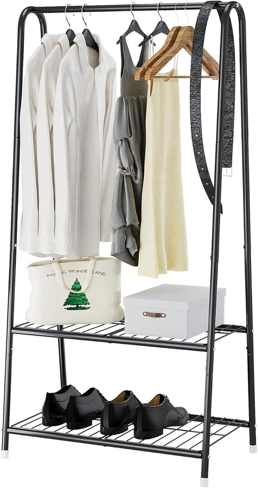 Buzowruil Metal Small Clothes Rack,Clothing Garment Rack with Double Layer Shelf for Clothes,Dress, Shoes,Black