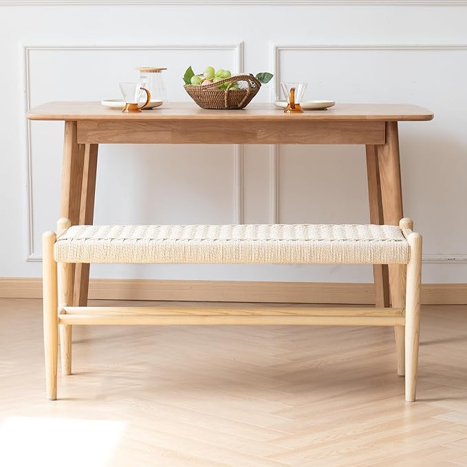 Solid Wood Entryway Bench with Shoe Storage, Rustic Oak Wood and Woven Design 39.4 Inch Long Seating for Living and Dining Rooms,Nature