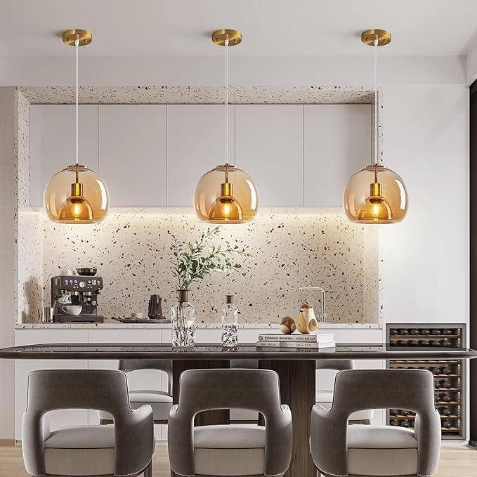 Amber Glass Pendant Lights Kitchen Island Gold Hanging Light Fixture Glass Globe Pendant Light Modern Pendant Lighting for Kitchen Island Bedroom Dining Room (9.84", 1 Pack)