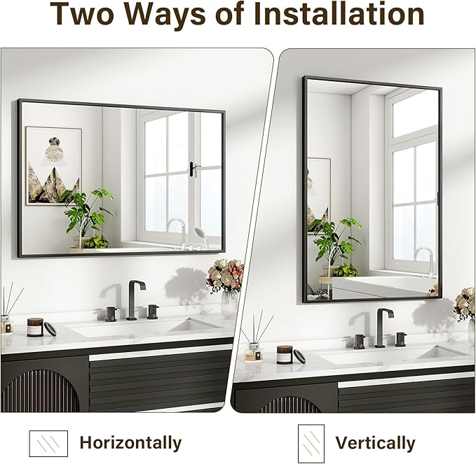 HARRITPURE 28"x20" Framed Bathroom Mirror for Wall Rectangle Mirror Aluminum Alloy Frame Wall-Mounted for Farmhouse Entryway Bedroom Living Room Black