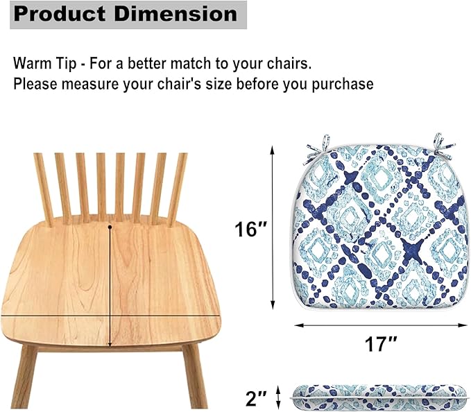 Set of 4 Outdoor Chair Cushions with Ties,Water Repellent Patio Chair Pads 17"x 16" for Outdoor Furniture,Round Corner Seat Cushions for Garden Yard Kitchen Boho Geometry Blue