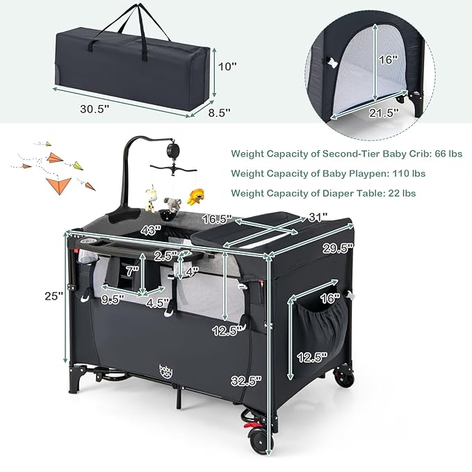 BABY JOY 5-in-1 Pack and Play, Baby Bedside Sleeper with Bassinet, Multifunction Bedside Crib from Newborn to Toddlers, U-Shaped Diaper Changer, Playard, Safety Strap, Music Box & Hanging Toys