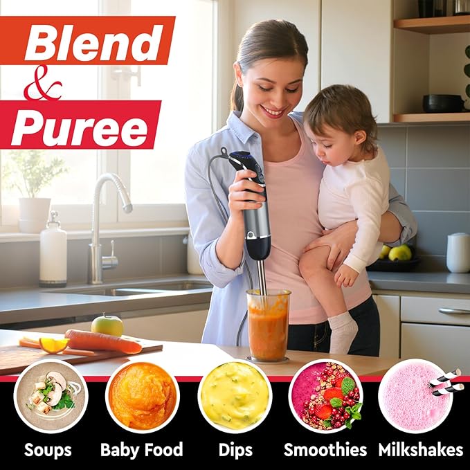 Mueller Multistick 800W 5-in-1 Immersion Blender Handheld, 12 Speed Hand Mixer - Turbo Boost, Heaviest Duty Copper Motor, Titanium Blades Hand Blender, Milk Frother Wand, Whisk, Kitchen Gadgets Black